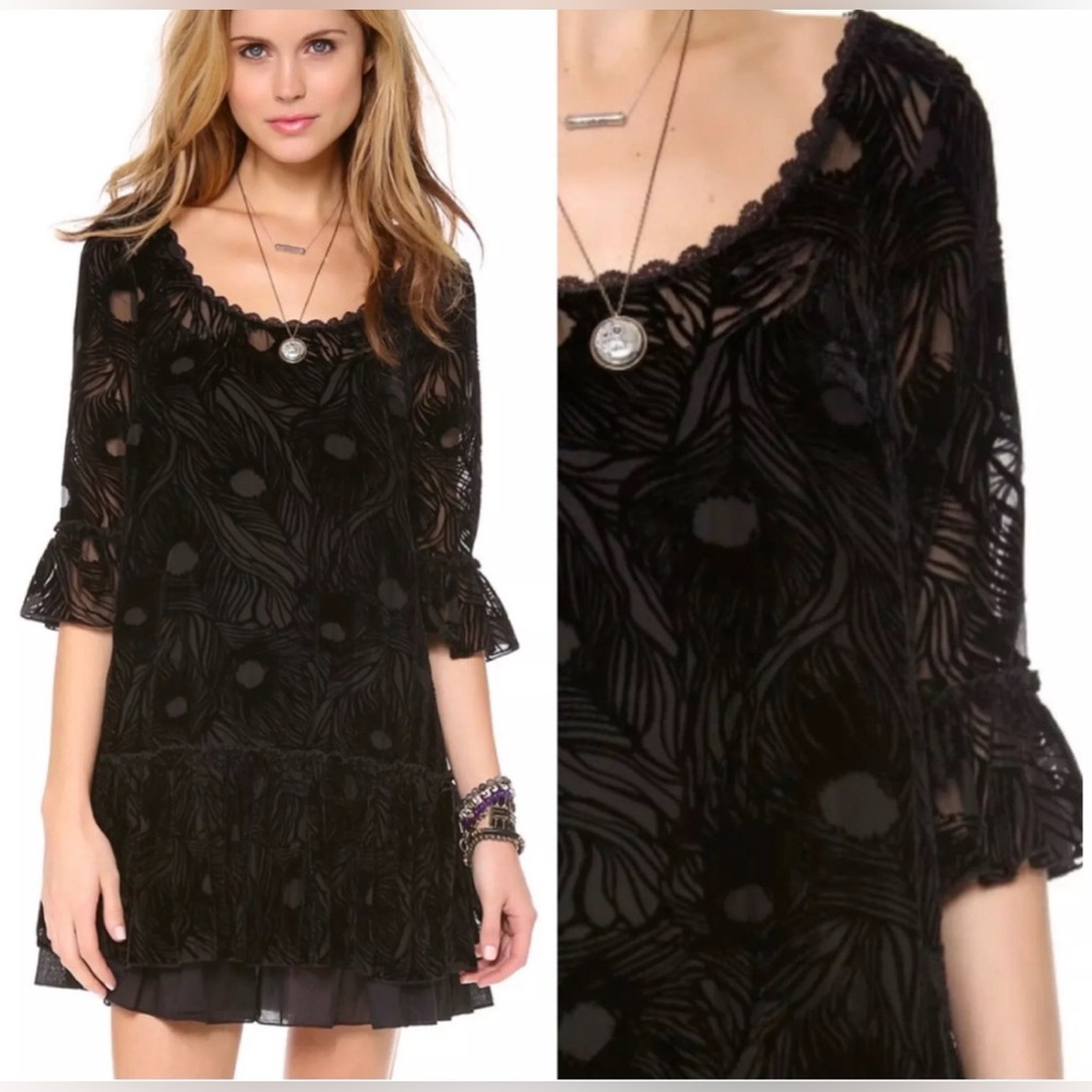 Free People Black Burnout Velvet Zen Garden Peacock Mini Dress Tunic Size XS